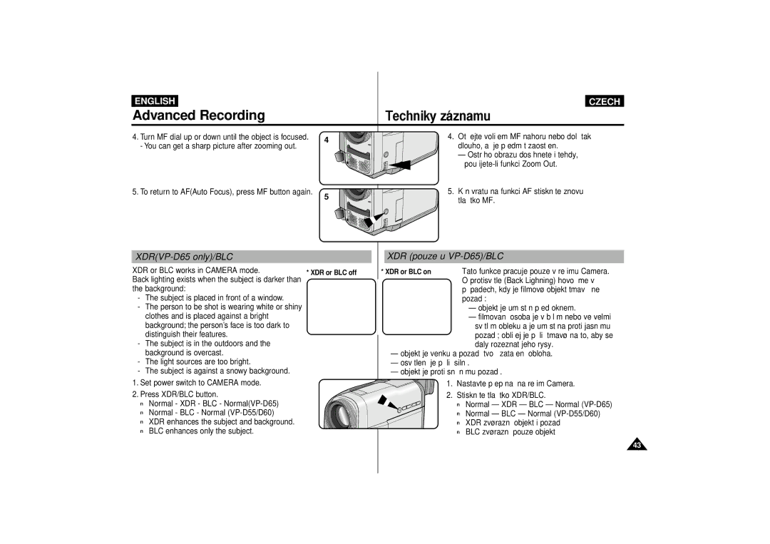 Samsung VP-D60 manual XDRVP-D65 only/BLC, XDR pouze u VP-D65/BLC 