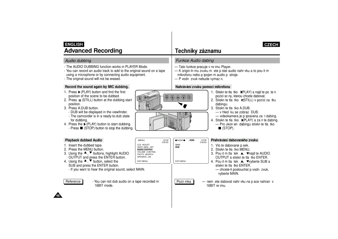 Samsung VP-D65, VP-D60 manual Audio dubbing, Funkce Audio dabing, Playback dubbed Audio, Stop PÞehr‡v‡n’ dabovanŽho zvuku 