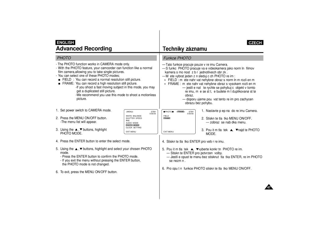 Samsung VP-D60, VP-D65 manual Funkce Photo 