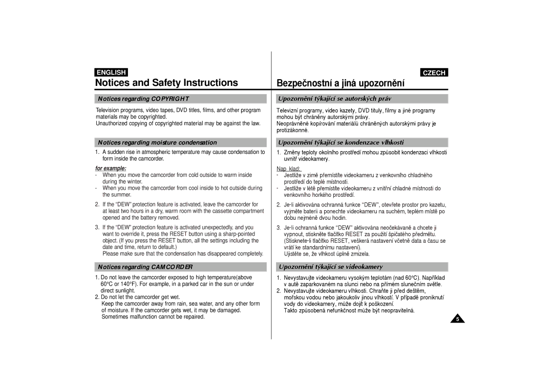 Samsung VP-D60, VP-D65 manual Safety Instructions, Bezpe‹nostn’ a jin‡ upozornžn’, Upozornžn’ tùkaj’c’ se autorskùch pr‡v 