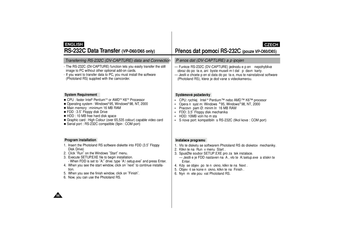 Samsung VP-D65, VP-D60 manual PÞenos dat DV-CAPTURE a pÞipojen’, System Requirement SystŽmovŽ poìadavky 