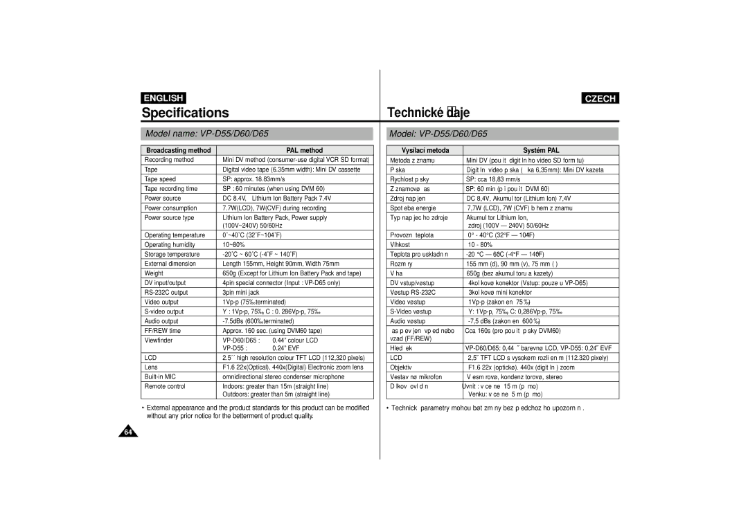 Samsung VP-D65, VP-D60 manual Specifications, TechnickŽ œdaje, Model name VP-D55/D60/D65, Model VP-D55/D60/D65 