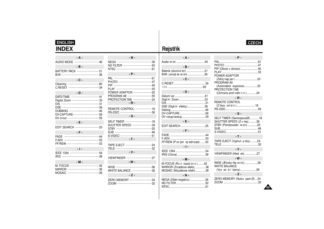 Samsung VP-D60, VP-D65 manual Index, RejstÞ’k 