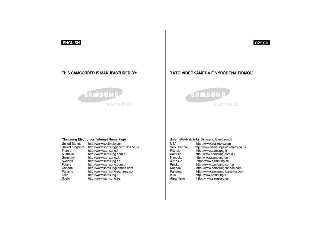 Samsung VP-D65, VP-D60 manual Samsung Electronics’ Internet Home, InternetovŽ str‡nky Samsung Electronics 