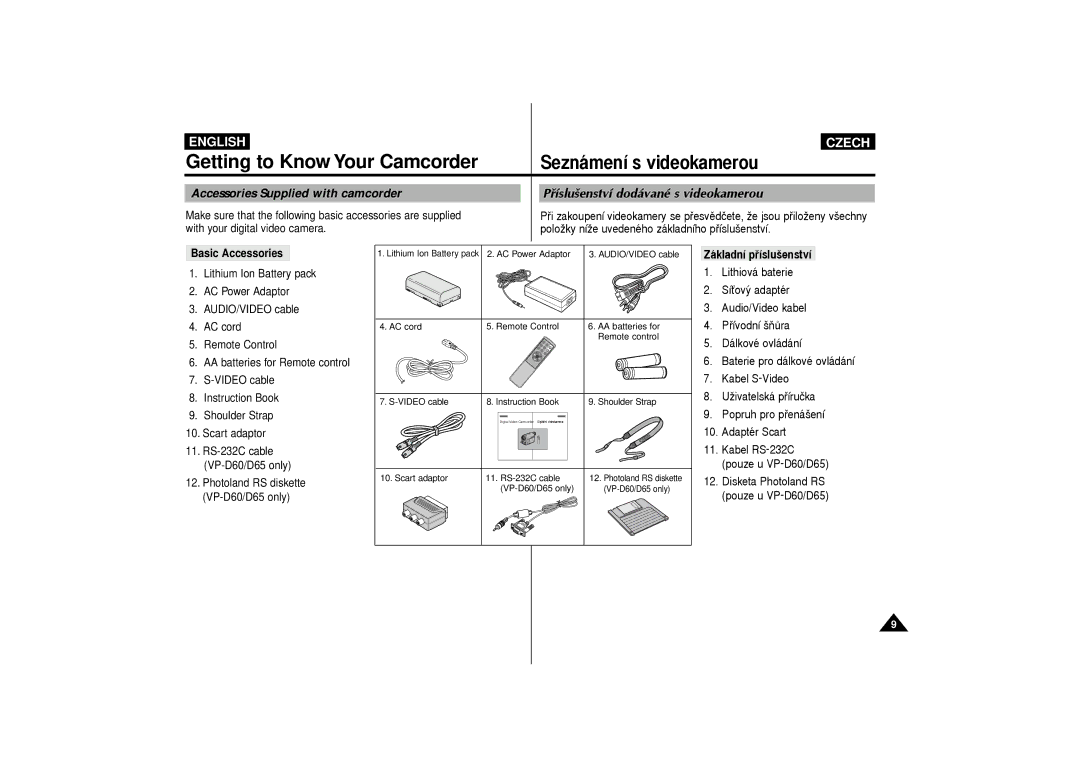 Samsung VP-D60, VP-D65 manual To Know Your Camcorder, Sezn‡men’ s videokamerou, Accessories Supplied with camcorder 