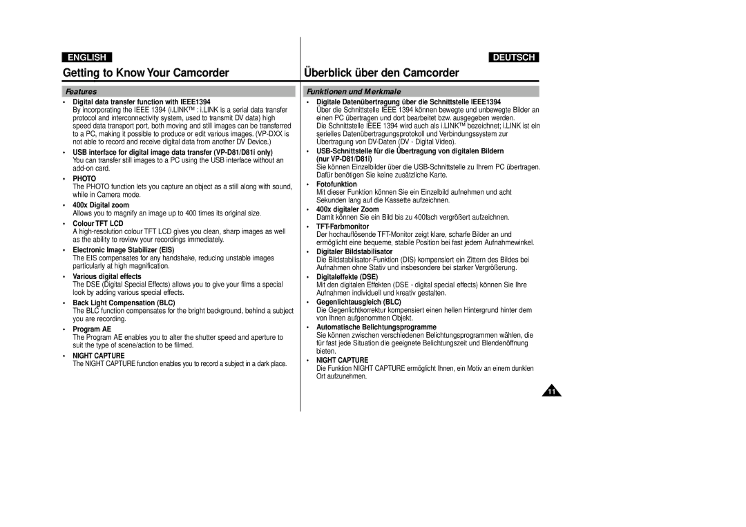 Samsung VP-D80i/D81i, VP-D80/D81 manual Features, Funktionen und Merkmale 