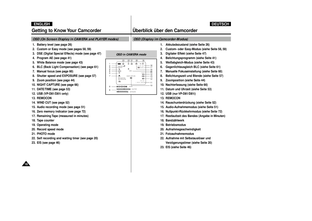 Samsung VP-D80/D81, VP-D80i/D81i manual OSD Display im Camcorder-Modus, EIS siehe Seite 