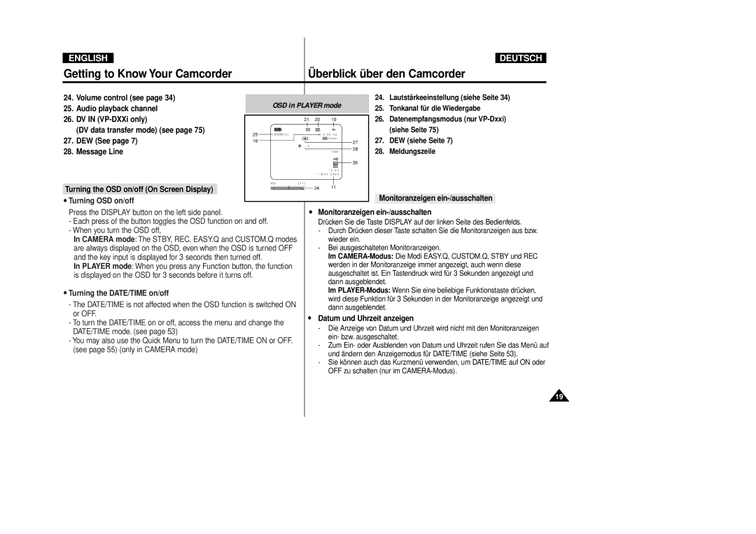 Samsung VP-D80i/D81i Audio playback channel, DV in VP-DXXi only, DEW See, Message Line, Monitoranzeigen ein-/ausschalten 