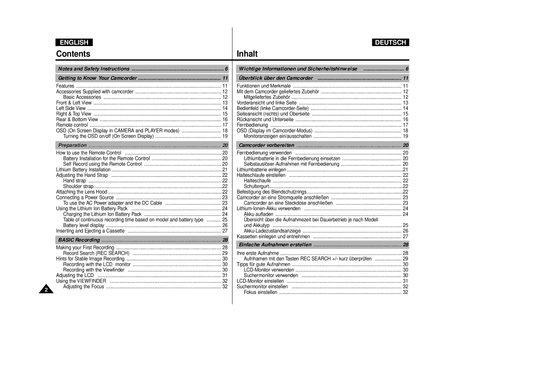 Samsung VP-D80/D81, VP-D80i/D81i manual Contents Inhalt 