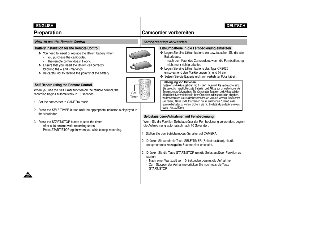 Samsung VP-D80/D81 How to use the Remote Control Fernbedienung verwenden, Self Record using the Remote Control, Start/Stop 