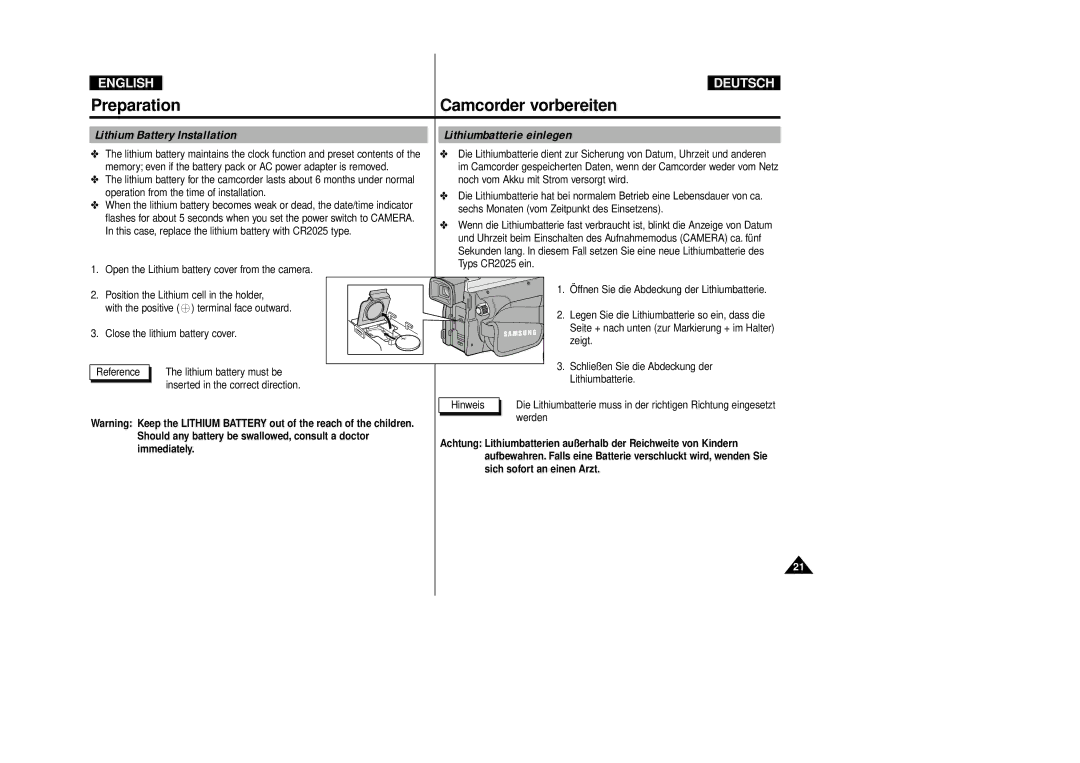 Samsung VP-D80i/D81i, VP-D80/D81 manual Lithium Battery Installation Lithiumbatterie einlegen, Sich sofort an einen Arzt 