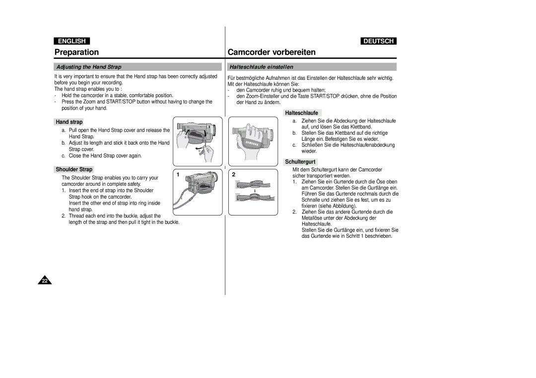 Samsung VP-D80/D81, VP-D80i/D81i manual Adjusting the Hand Strap, Halteschlaufe einstellen, Halteschlaufe Hand strap 