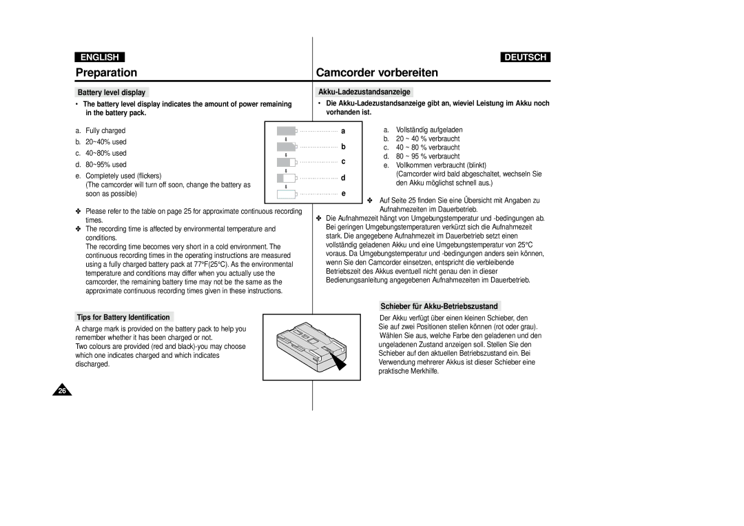 Samsung VP-D80/D81 manual Schieber für Akku-Betriebszustand, Battery pack Vorhanden ist, Tips for Battery Identification 