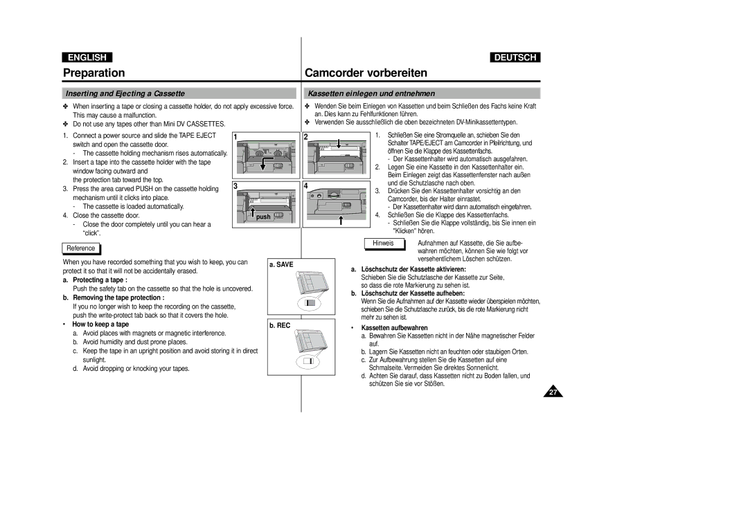 Samsung VP-D80i/D81i, VP-D80/D81 manual Inserting and Ejecting a Cassette, Kassetten einlegen und entnehmen 