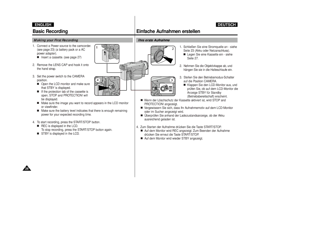 Samsung VP-D80/D81, VP-D80i/D81i manual Making your First Recording, Ihre erste Aufnahme 