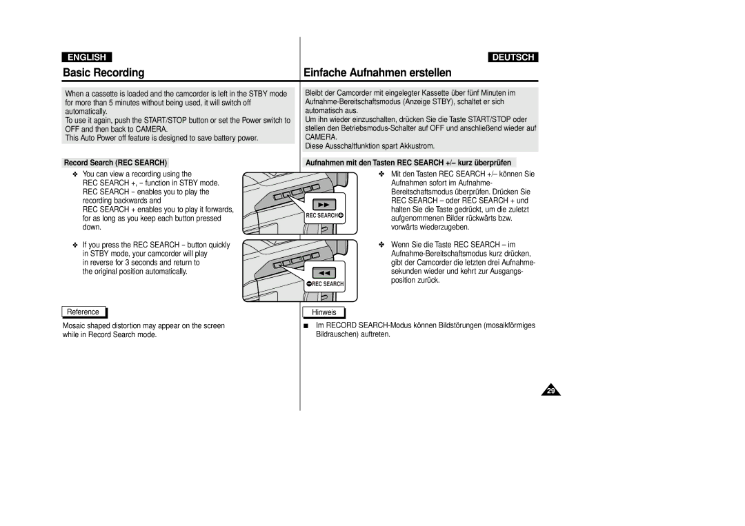 Samsung VP-D80i/D81i, VP-D80/D81 manual Record Search REC Search, Aufnahmen mit den Tasten REC Search +/- kurz überprüfen 