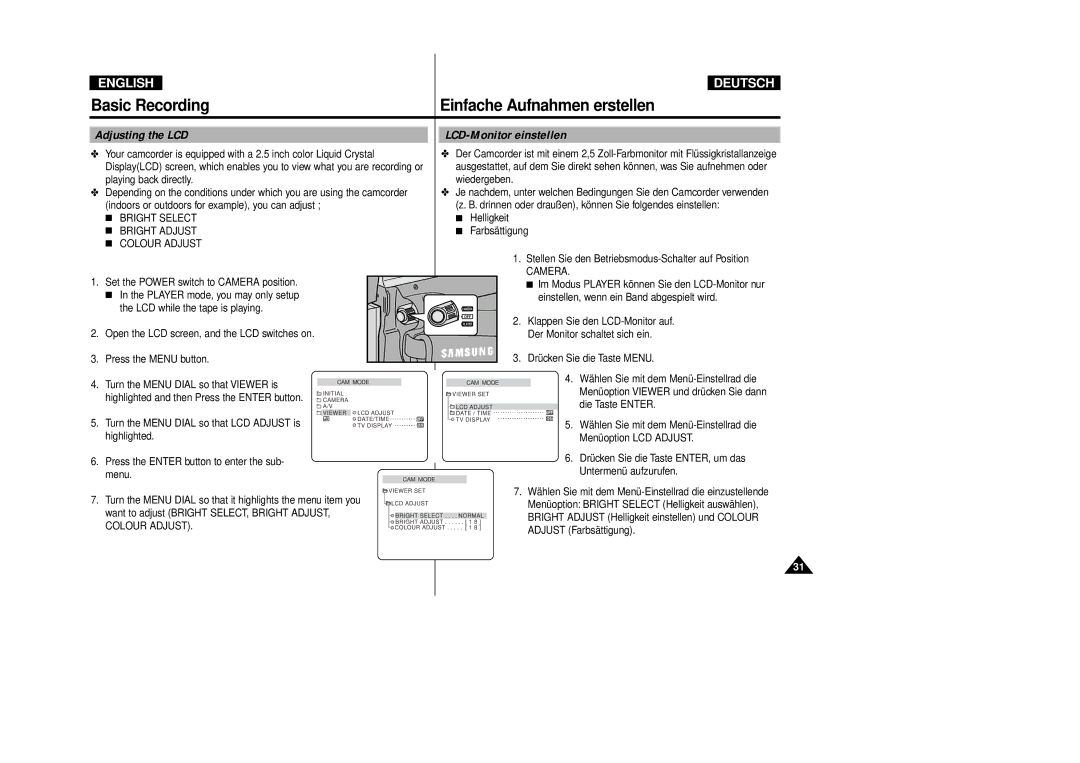 Samsung VP-D80i/D81i, VP-D80/D81 manual Adjusting the LCD, LCD-Monitor einstellen, Bright Select Bright Adjust Colour Adjust 