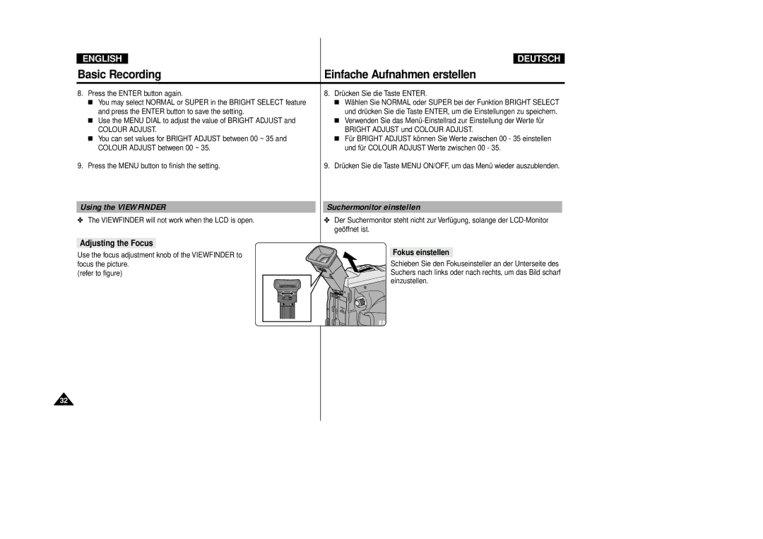 Samsung VP-D80/D81, VP-D80i/D81i Using the Viewfinder, Suchermonitor einstellen, Adjusting the Focus, Fokus einstellen 