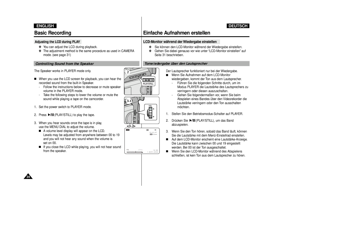 Samsung VP-D80/D81, VP-D80i/D81i manual Controlling Sound from the Speaker, Tonwiedergabe über den Lautsprecher 