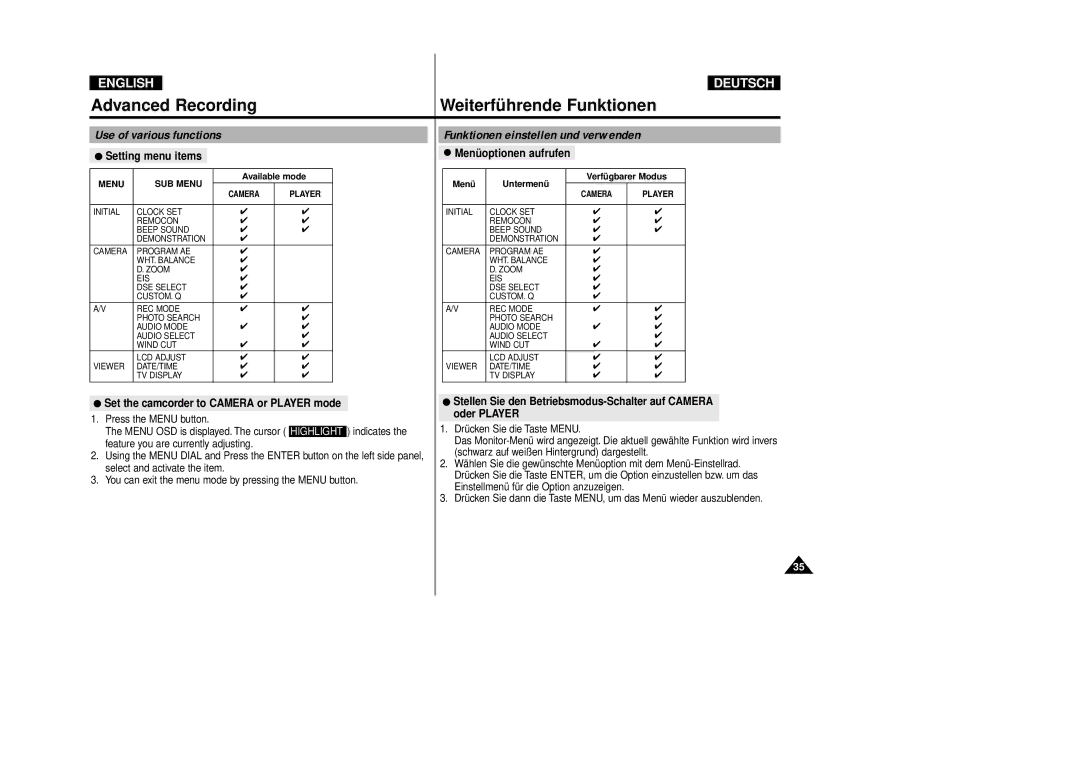 Samsung VP-D80i/D81i, VP-D80/D81 manual Use of various functions, Funktionen einstellen und verwenden, Setting menu items 