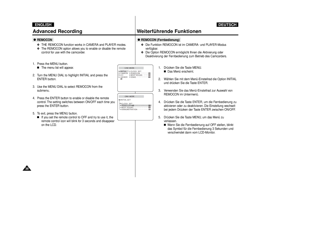 Samsung VP-D80/D81, VP-D80i/D81i manual Remocon Fernbedienung, Drücken Sie die Taste MENU, um das Menü zu verlassen 