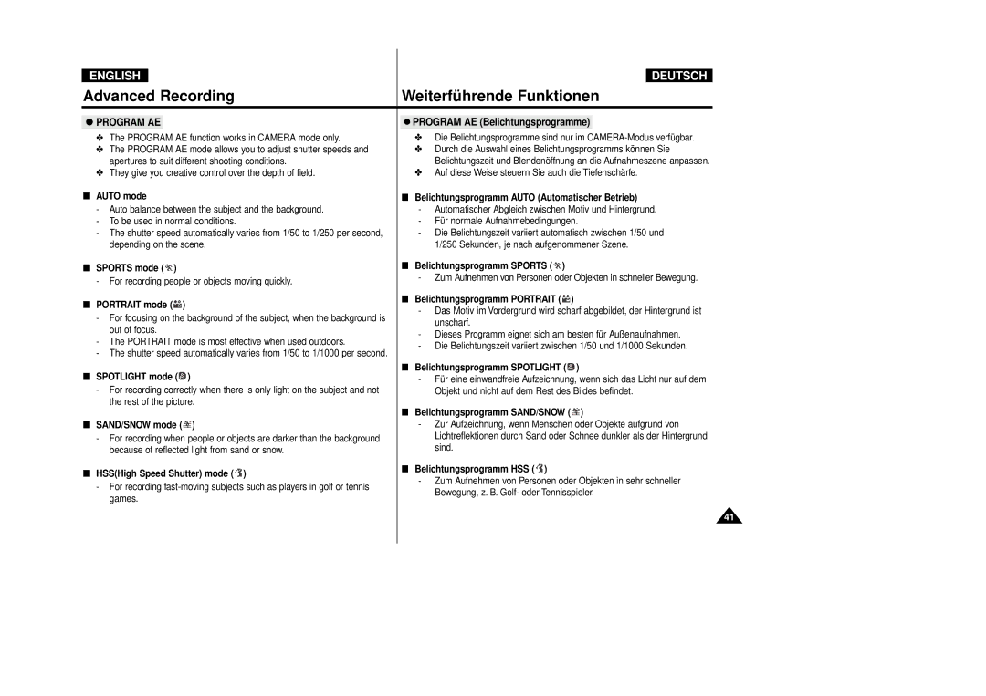 Samsung VP-D80i/D81i, VP-D80/D81 manual Program AE Belichtungsprogramme 