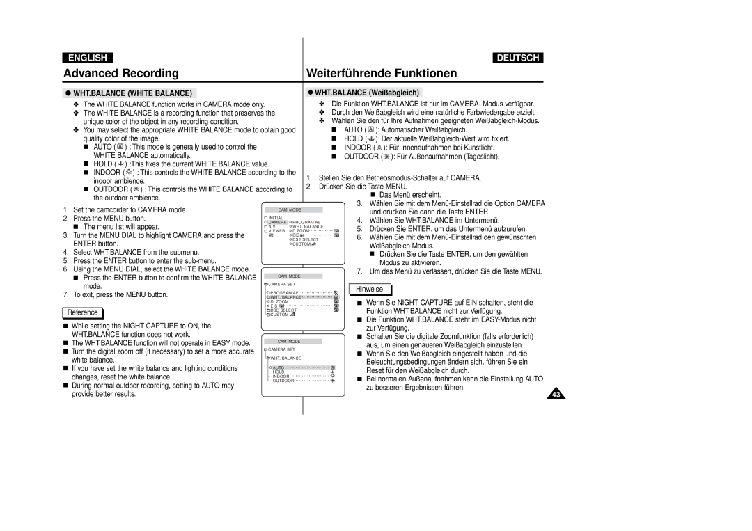 Samsung VP-D80i/D81i, VP-D80/D81 manual WHT.BALANCE Weißabgleich, WHT.BALANCE White Balance, Auto, Hold, Indoor 