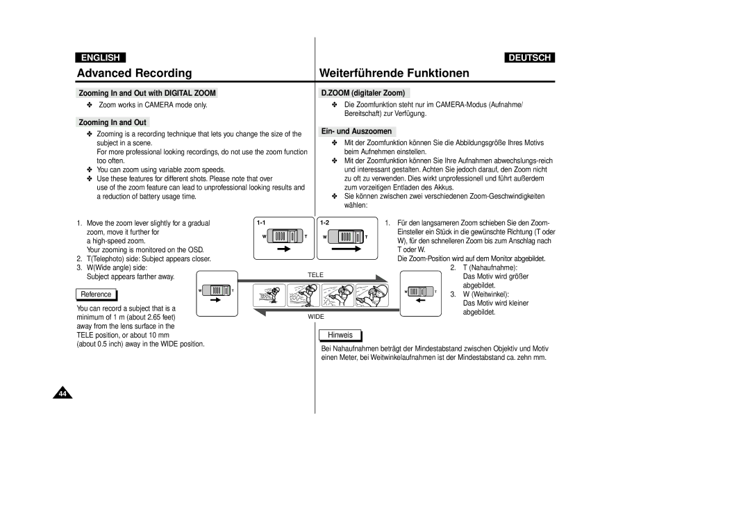 Samsung VP-D80/D81, VP-D80i/D81i manual Zooming In and Out with Digital Zoom Zoom digitaler Zoom, Ein- und Auszoomen 