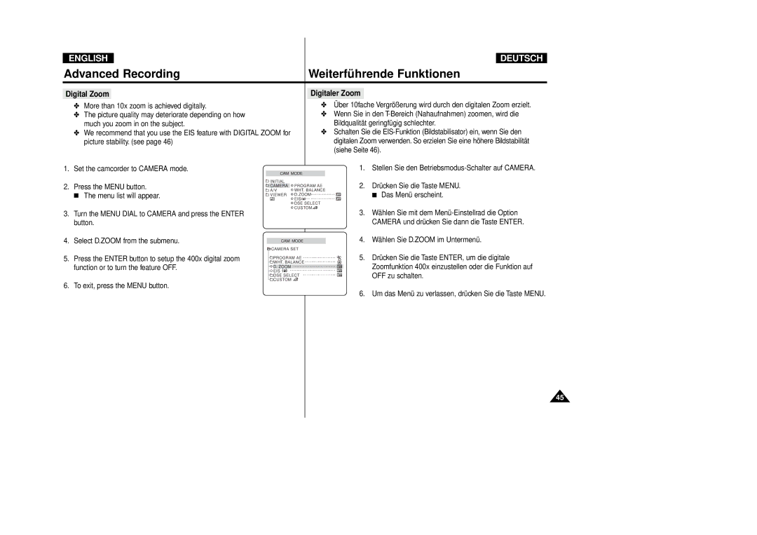 Samsung VP-D80i/D81i, VP-D80/D81 manual Digitaler Zoom Digital Zoom 