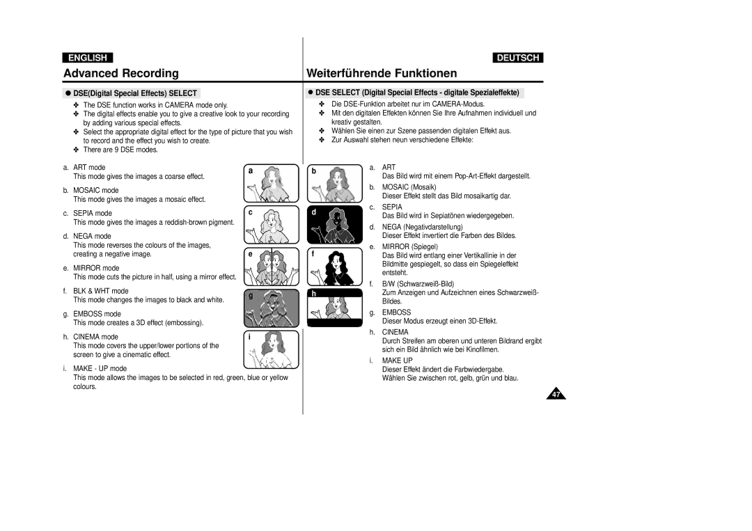 Samsung VP-D80i/D81i DSEDigital Special Effects Select, DSE Select Digital Special Effects digitale Spezialeffekte, Art 