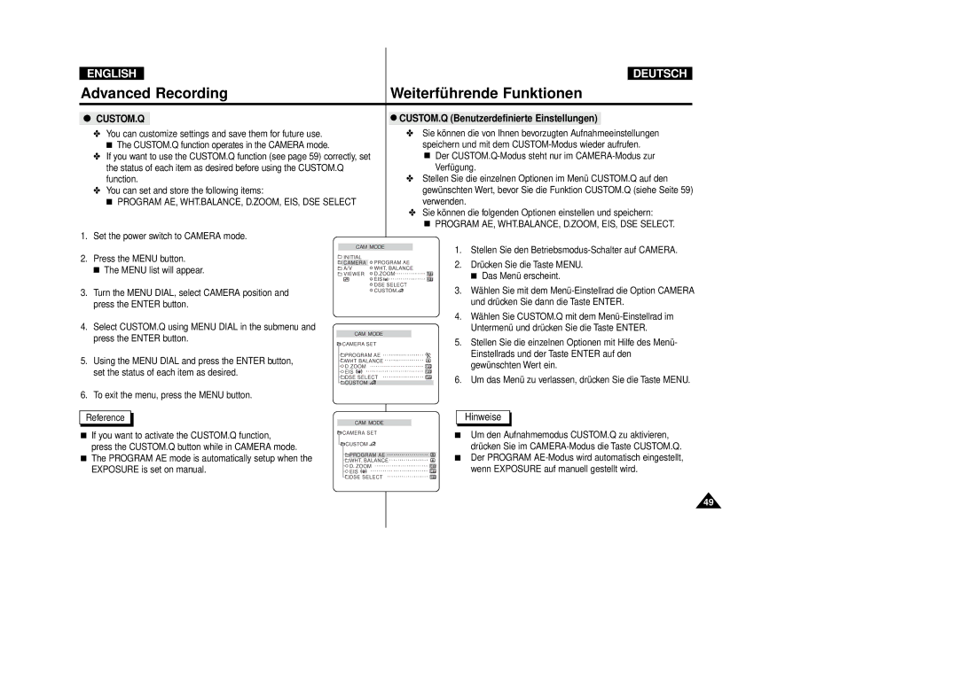 Samsung VP-D80i/D81i Custom.Q, CUSTOM.Q Benutzerdefinierte Einstellungen, Program AE, WHT.BALANCE, D.ZOOM, EIS, DSE Select 