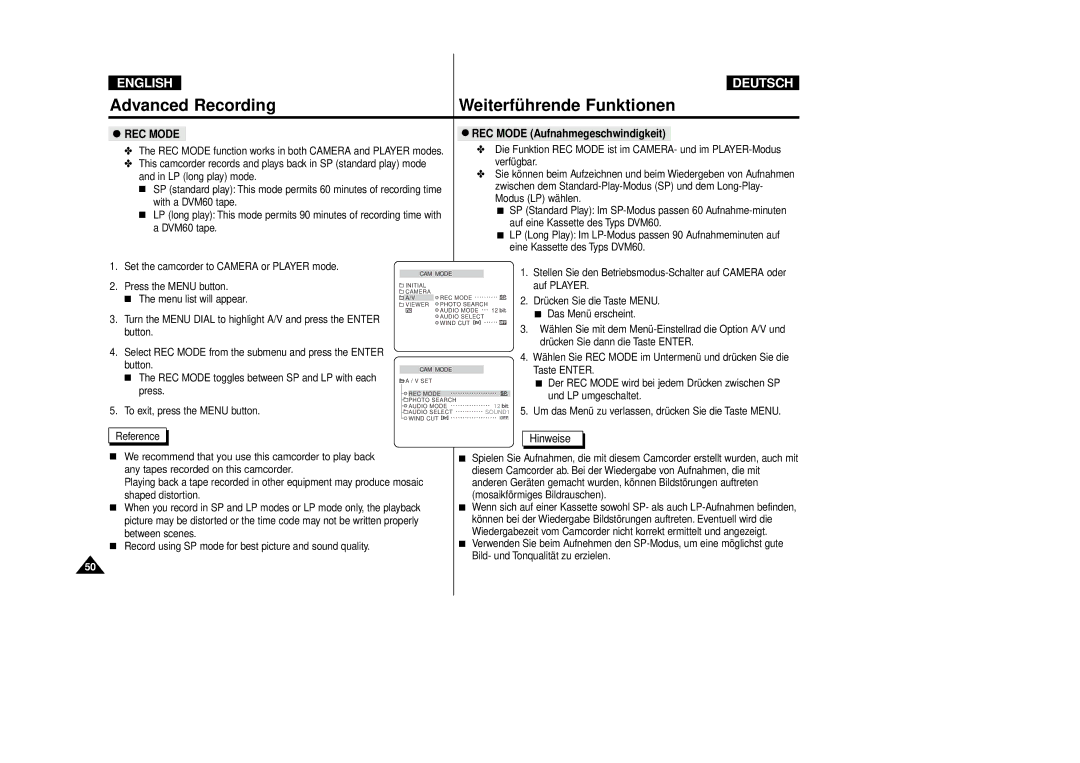 Samsung VP-D80/D81, VP-D80i/D81i manual REC Mode Aufnahmegeschwindigkeit 