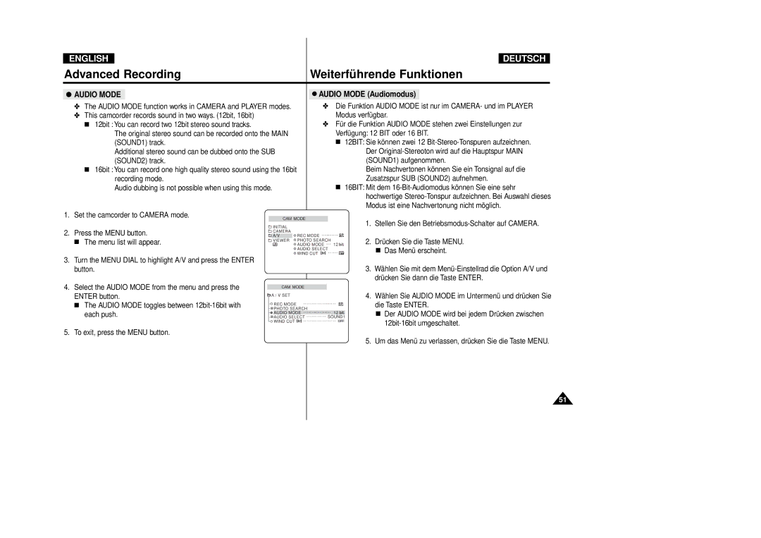 Samsung VP-D80i/D81i, VP-D80/D81 manual Audio Mode Audiomodus 