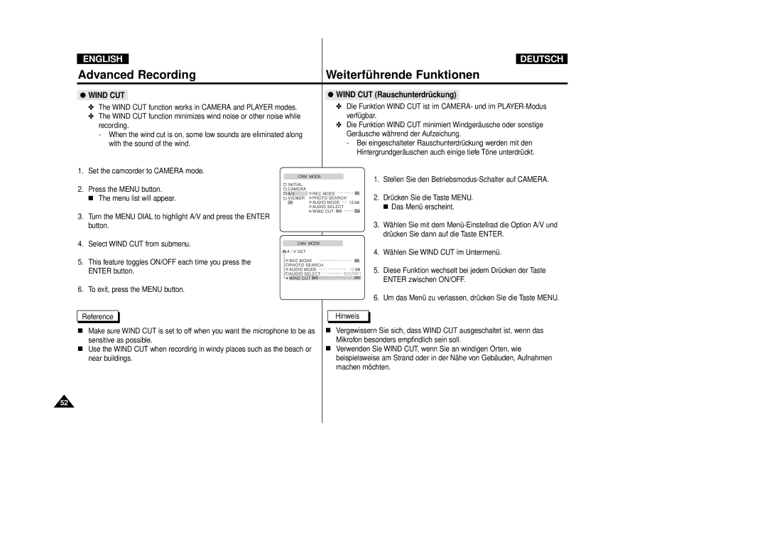 Samsung VP-D80/D81, VP-D80i/D81i manual Wind CUT Rauschunterdrückung 