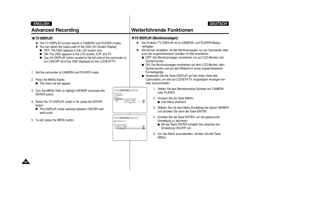 Samsung VP-D80/D81, VP-D80i/D81i manual TV Display Monitoranzeigen 