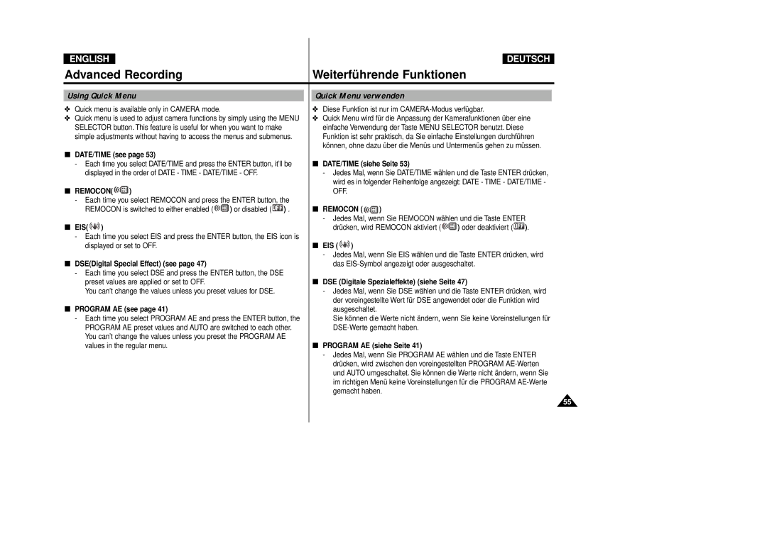 Samsung VP-D80i/D81i, VP-D80/D81 manual Using Quick Menu Quick Menu verwenden 