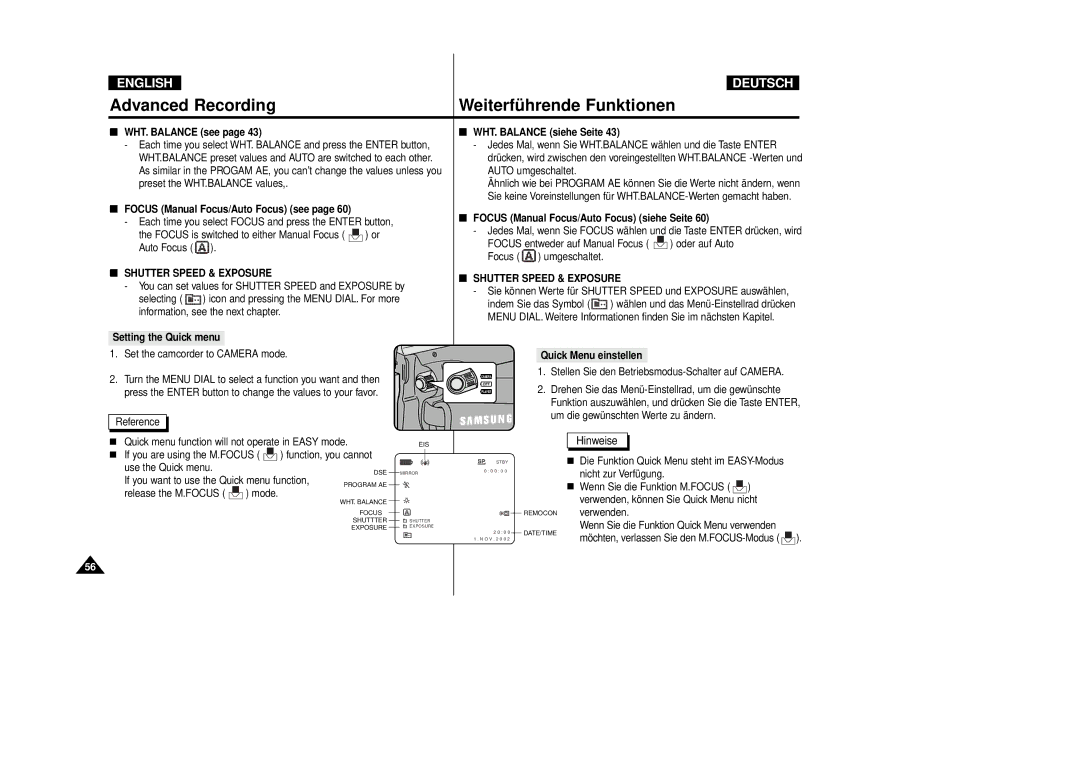 Samsung VP-D80/D81 WHT. Balance see, Focus Manual Focus/Auto Focus see, Setting the Quick menu WHT. Balance siehe Seite 