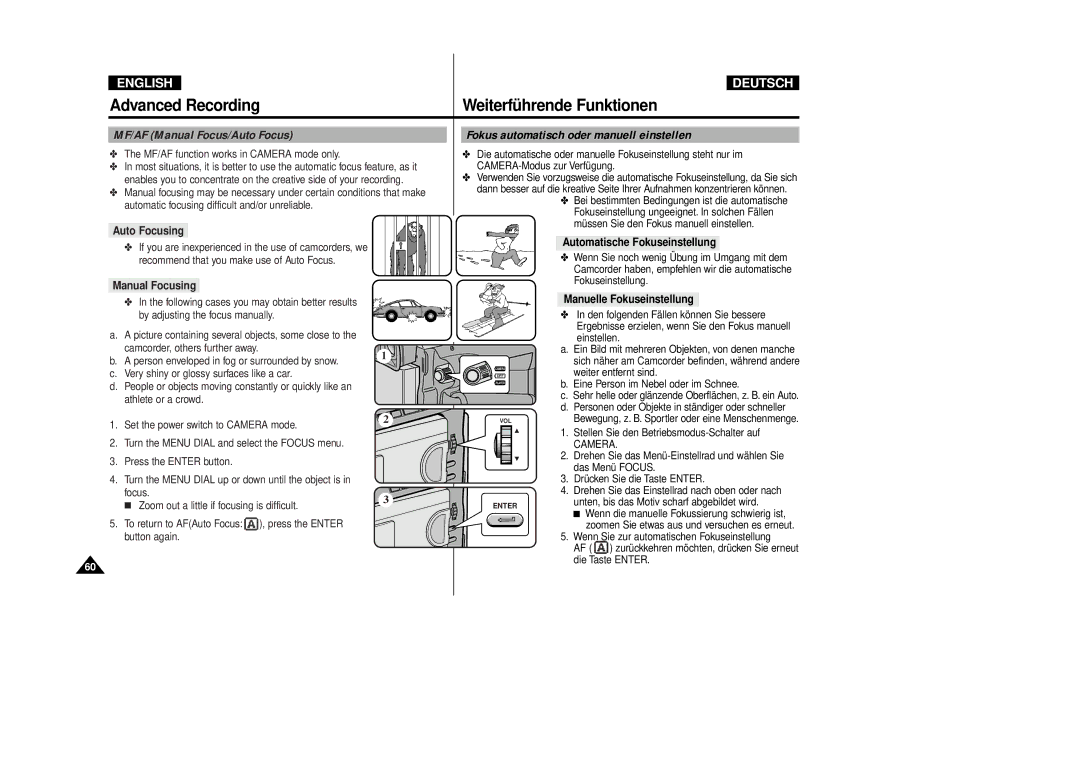 Samsung VP-D80/D81, VP-D80i/D81i manual MF/AF Manual Focus/Auto Focus, Fokus automatisch oder manuell einstellen 