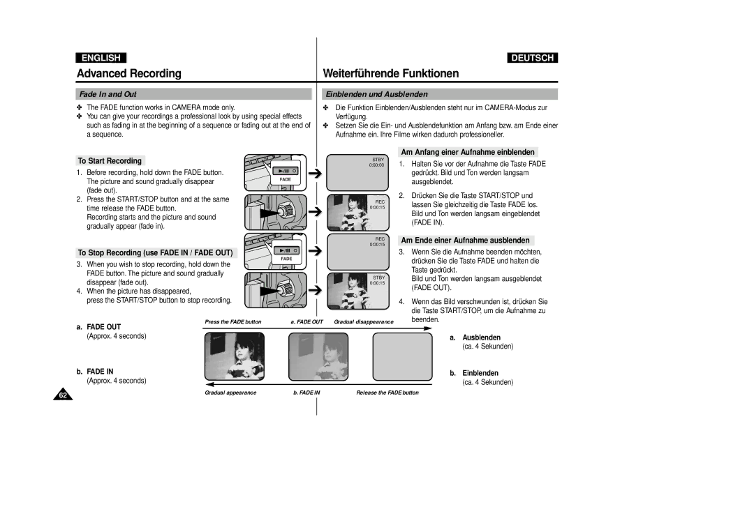 Samsung VP-D80/D81, VP-D80i/D81i manual Fade In and Out, Einblenden und Ausblenden 