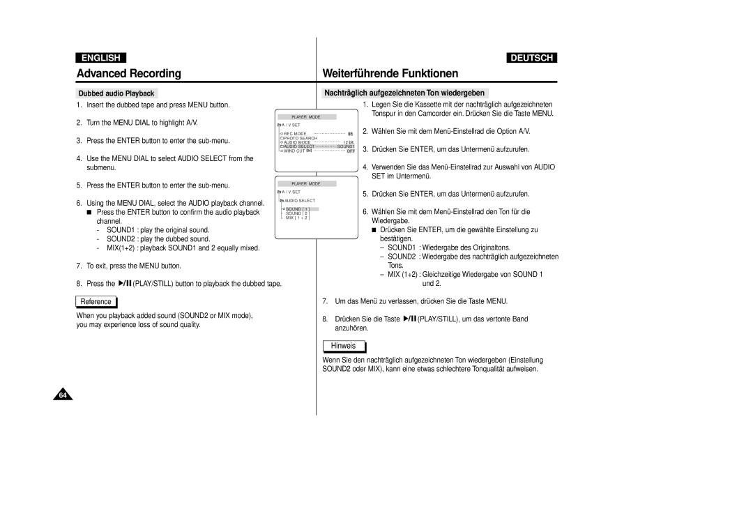 Samsung VP-D80/D81, VP-D80i/D81i manual Dubbed audio Playback, Nachträglich aufgezeichneten Ton wiedergeben, Channel 