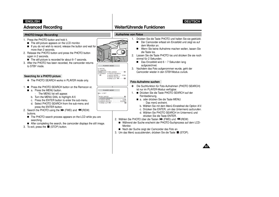 Samsung VP-D80i/D81i manual Photo Image Recording, Aufnahme von Fotos, Foto-Aufnahme suchen, Searching for a Photo picture 