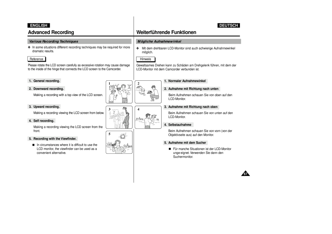 Samsung VP-D80i/D81i, VP-D80/D81 manual Various Recording Techniques Mögliche Aufnahmewinkel 