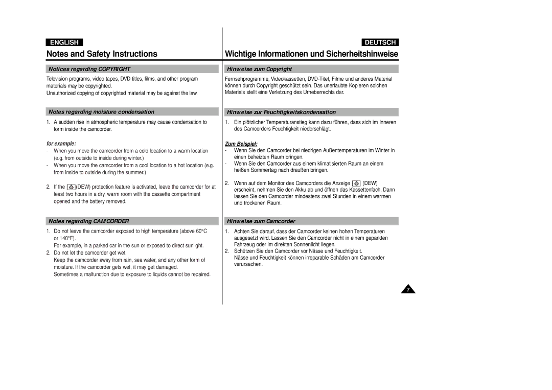 Samsung VP-D80i/D81i, VP-D80/D81 Hinweise zum Copyright, Hinweise zur Feuchtigkeitskondensation, Hinweise zum Camcorder 