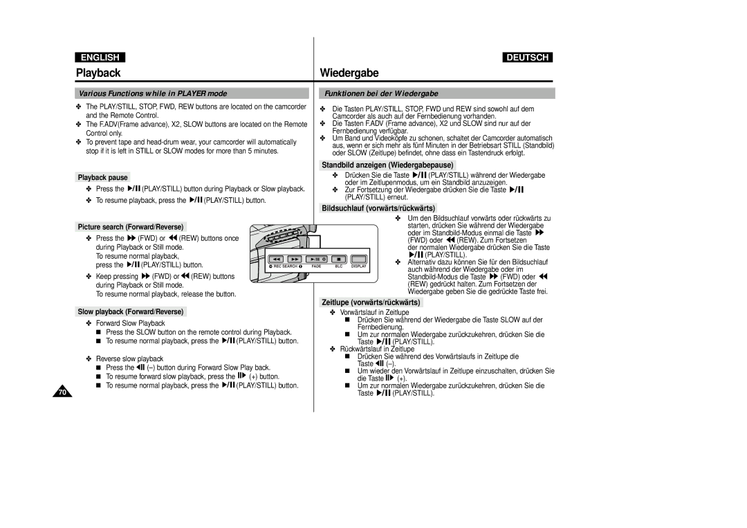 Samsung VP-D80/D81 manual Standbild anzeigen Wiedergabepause, Bildsuchlauf vorwärts/rückwärts, Zeitlupe vorwärts/rückwärts 