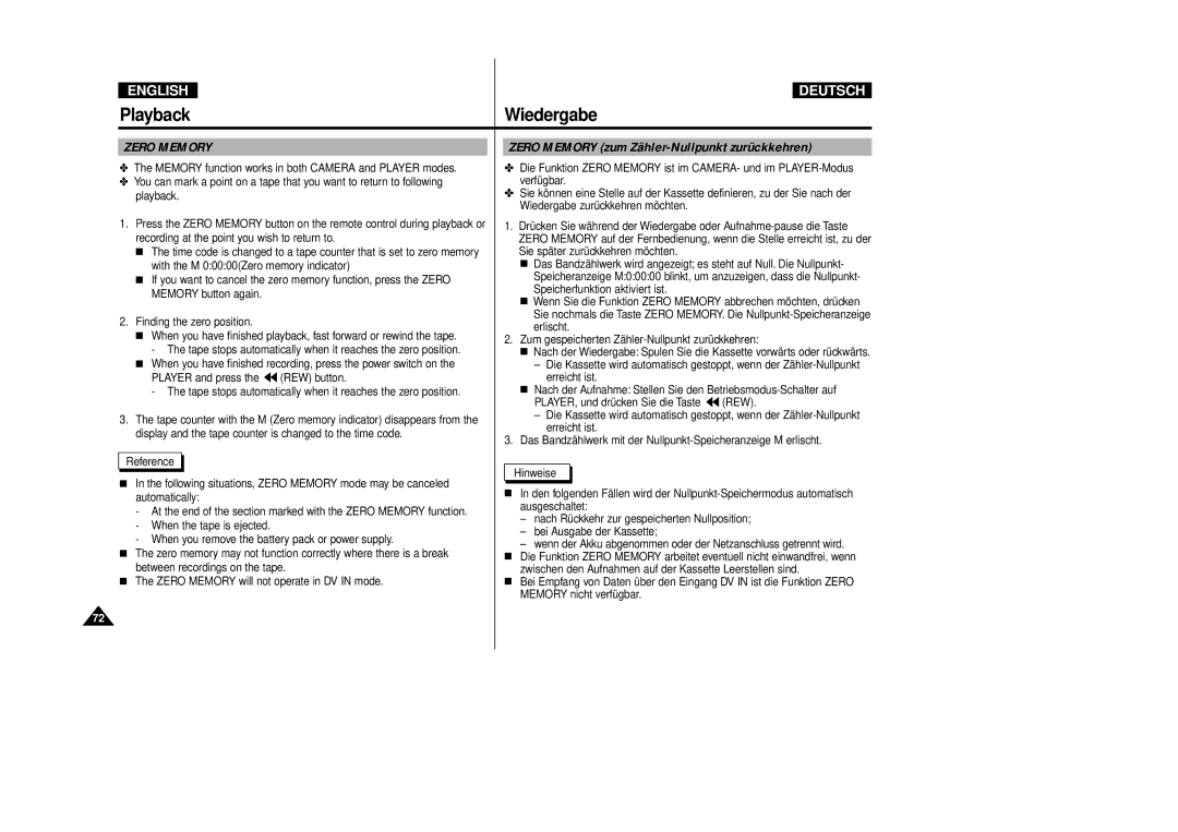 Samsung VP-D80/D81, VP-D80i/D81i manual Zero Memory zum Zähler-Nullpunkt zurückkehren 