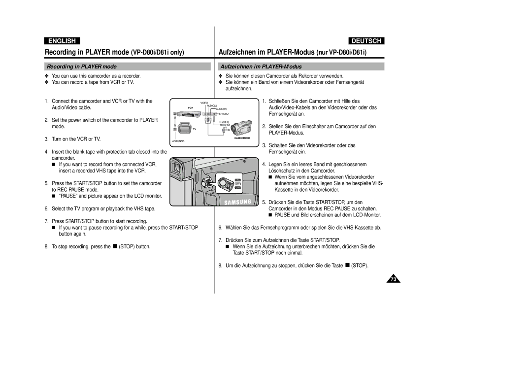 Samsung VP-D80i/D81i, VP-D80/D81 manual Recording in Player mode Aufzeichnen im PLAYER-Modus 