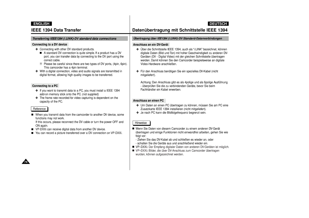 Samsung VP-D80/D81 manual Connecting to a DV device, Connecting to a PC, Anschluss an ein DV-Gerät, Anschluss an einen PC 