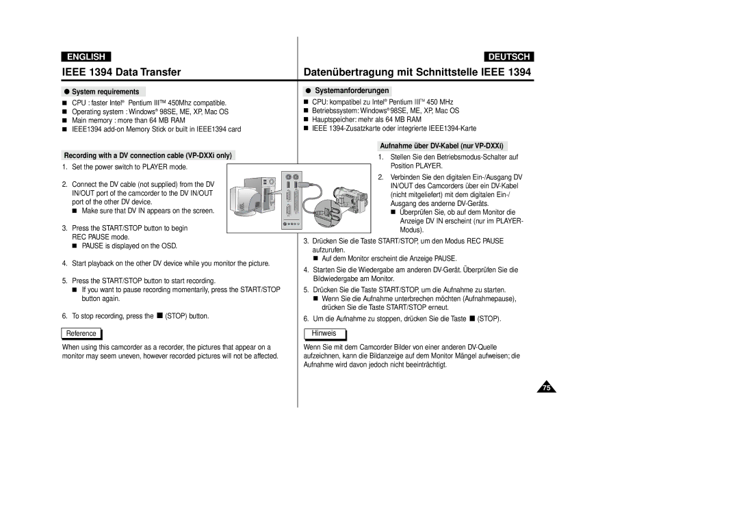 Samsung VP-D80i/D81i, VP-D80/D81 Systemanforderungen, System requirements, IN/OUT des Camcorders über ein DV-Kabel, Modus 