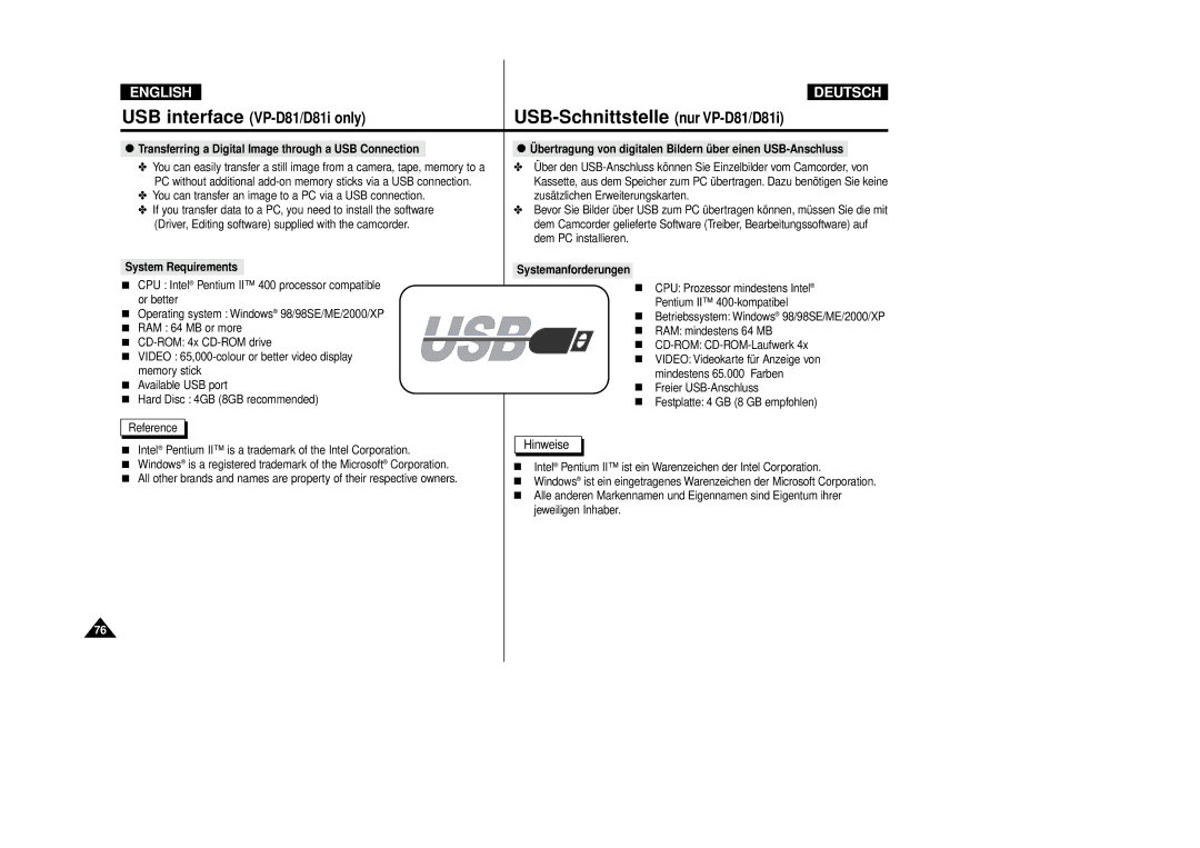 Samsung VP-D80/D81, VP-D80i/D81i manual Transferring a Digital Image through a USB Connection, Systemanforderungen 