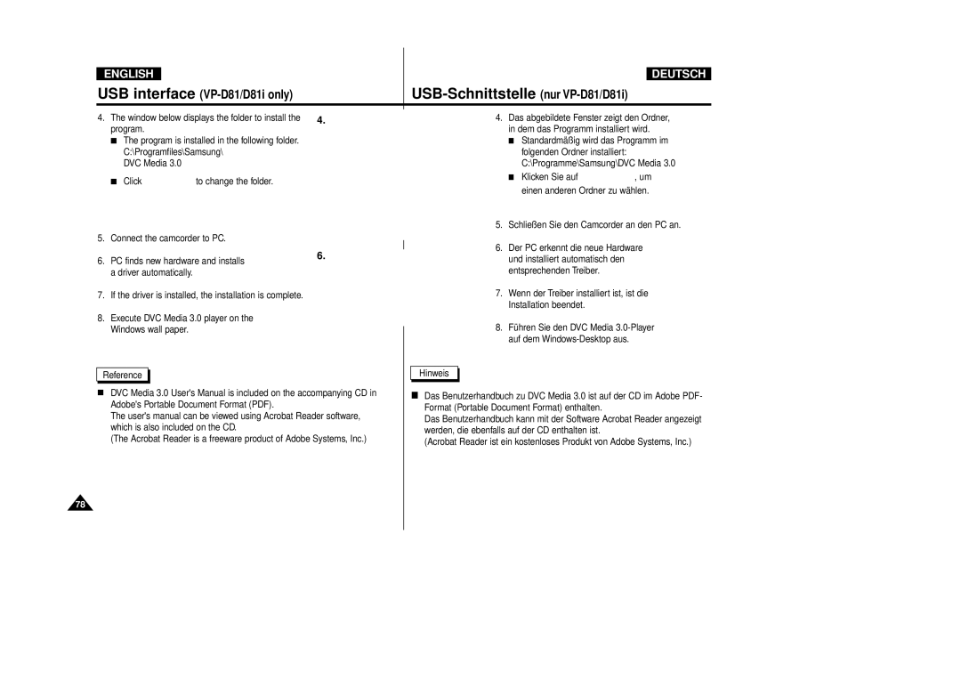 Samsung VP-D80/D81, VP-D80i/D81i manual Window below displays the folder to install 